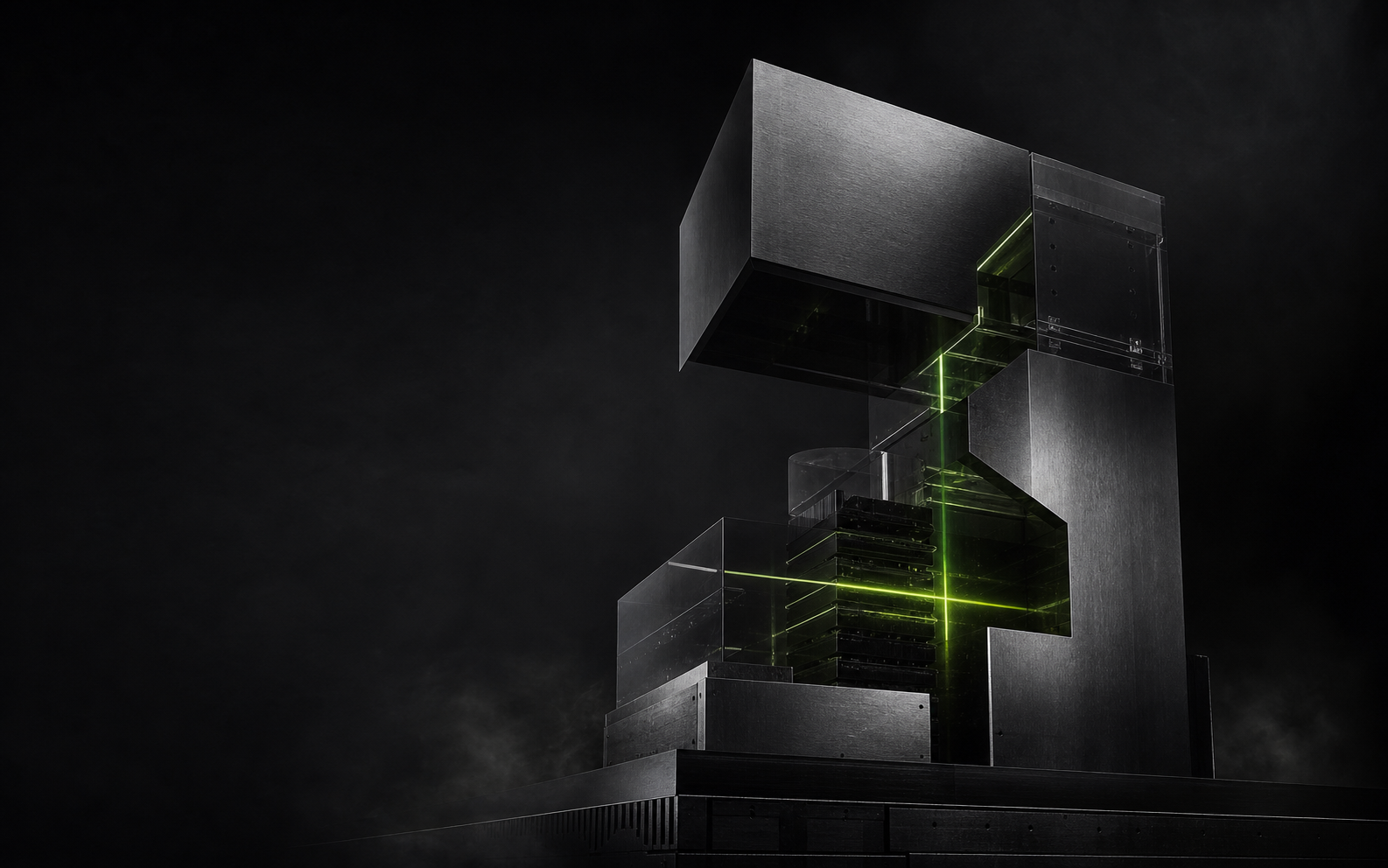 Abstract black metal and green light sculpture